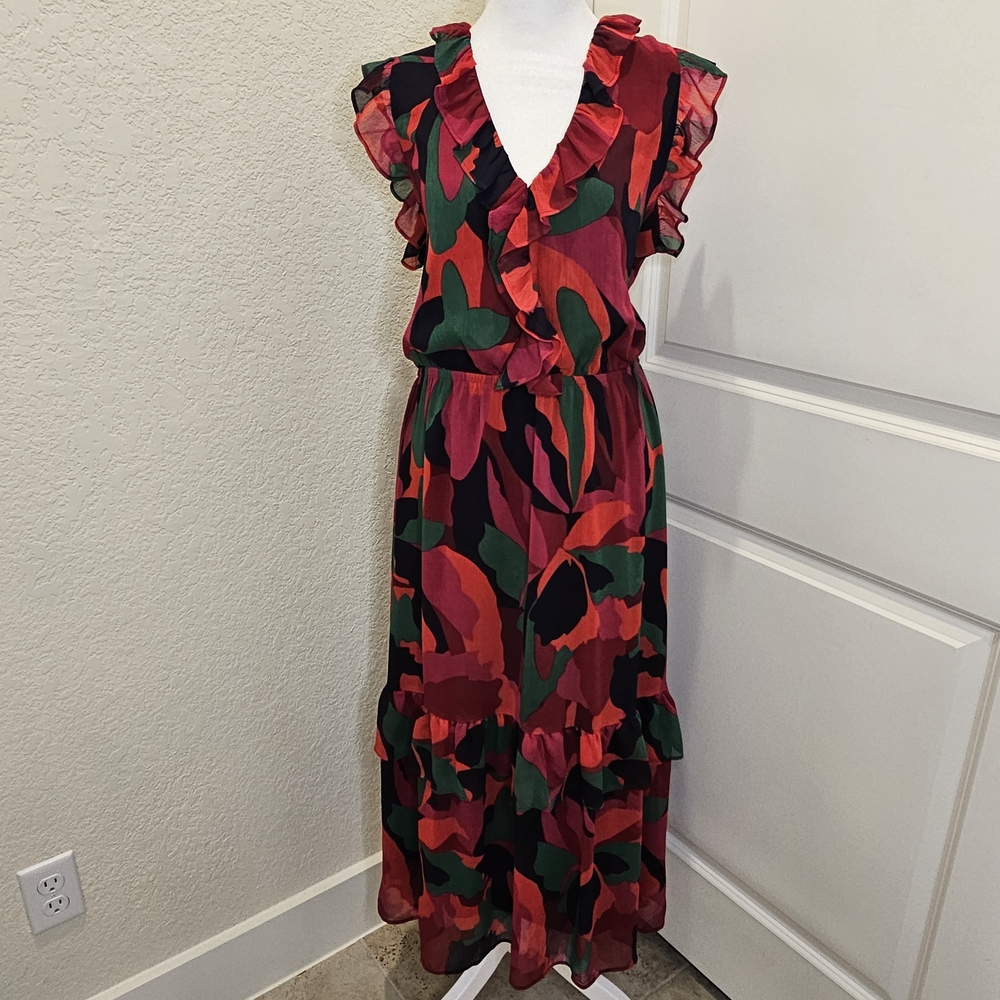 Banana Republic Red, Bergundy, Green Flutter Midi Dress - Picture 1 of 8